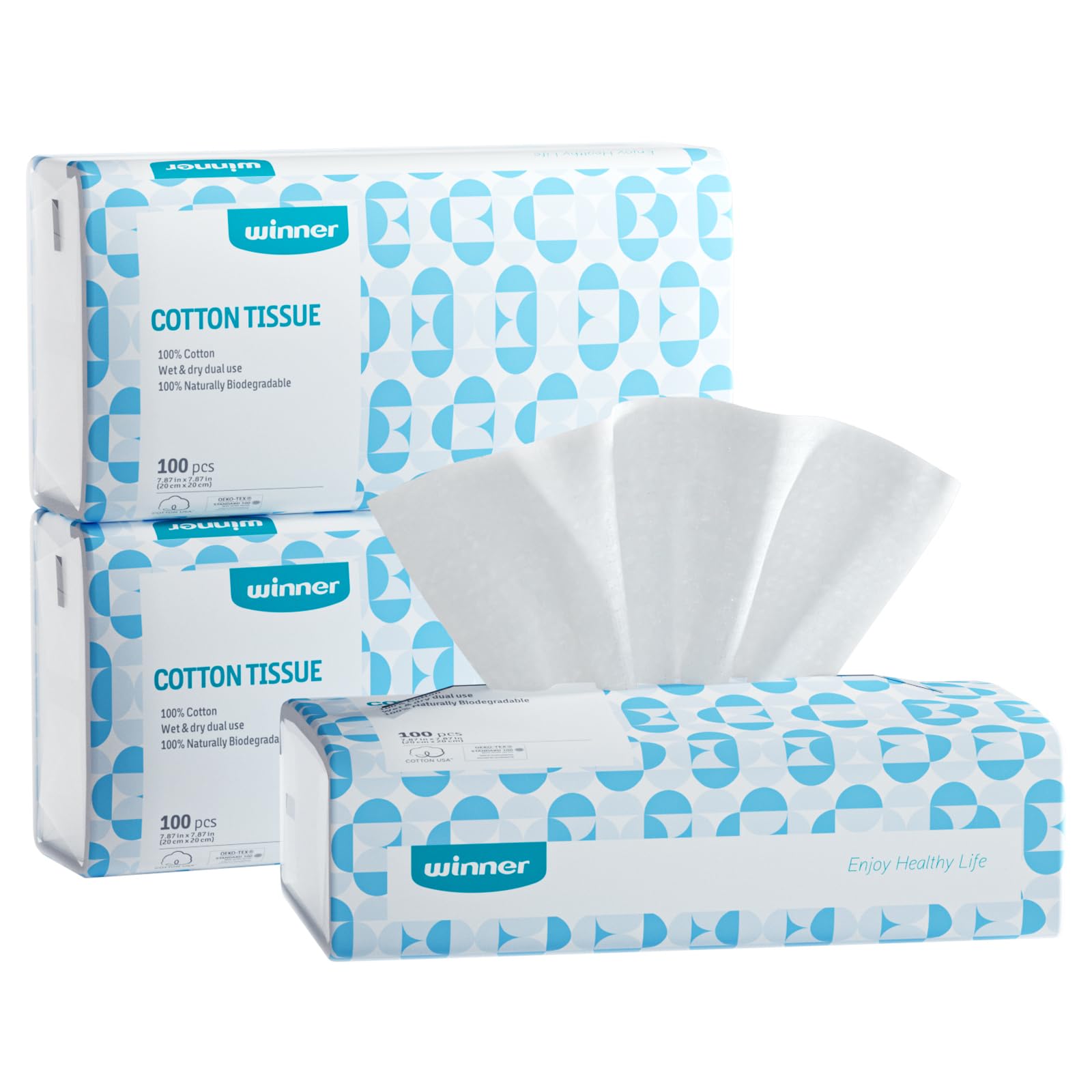 Winner Soft Face Towels, 100% USDA Biobased Facial Towels, Unscented Cotton Tissues for Sensitive Skin, Oeko-TEX Certified Face Towelettes Disposable, Makeup Remover Dry Wipes, 300 Ct, 3 Pack