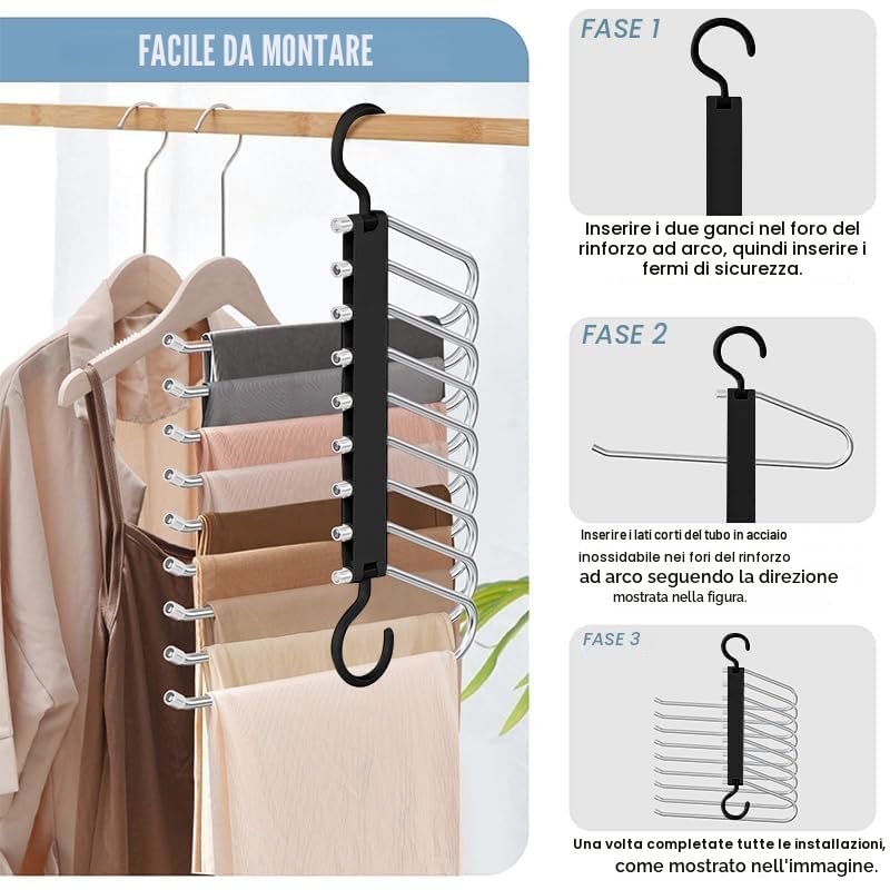 WEKIWGOT 9 in 1 Trouser Hangers, 2 Pieces Multifunctional Space Saving Rack Hanger for Organizing Closets, Trousers for Women and Men, Jeans, Bras, Scarves and Ties (Black)