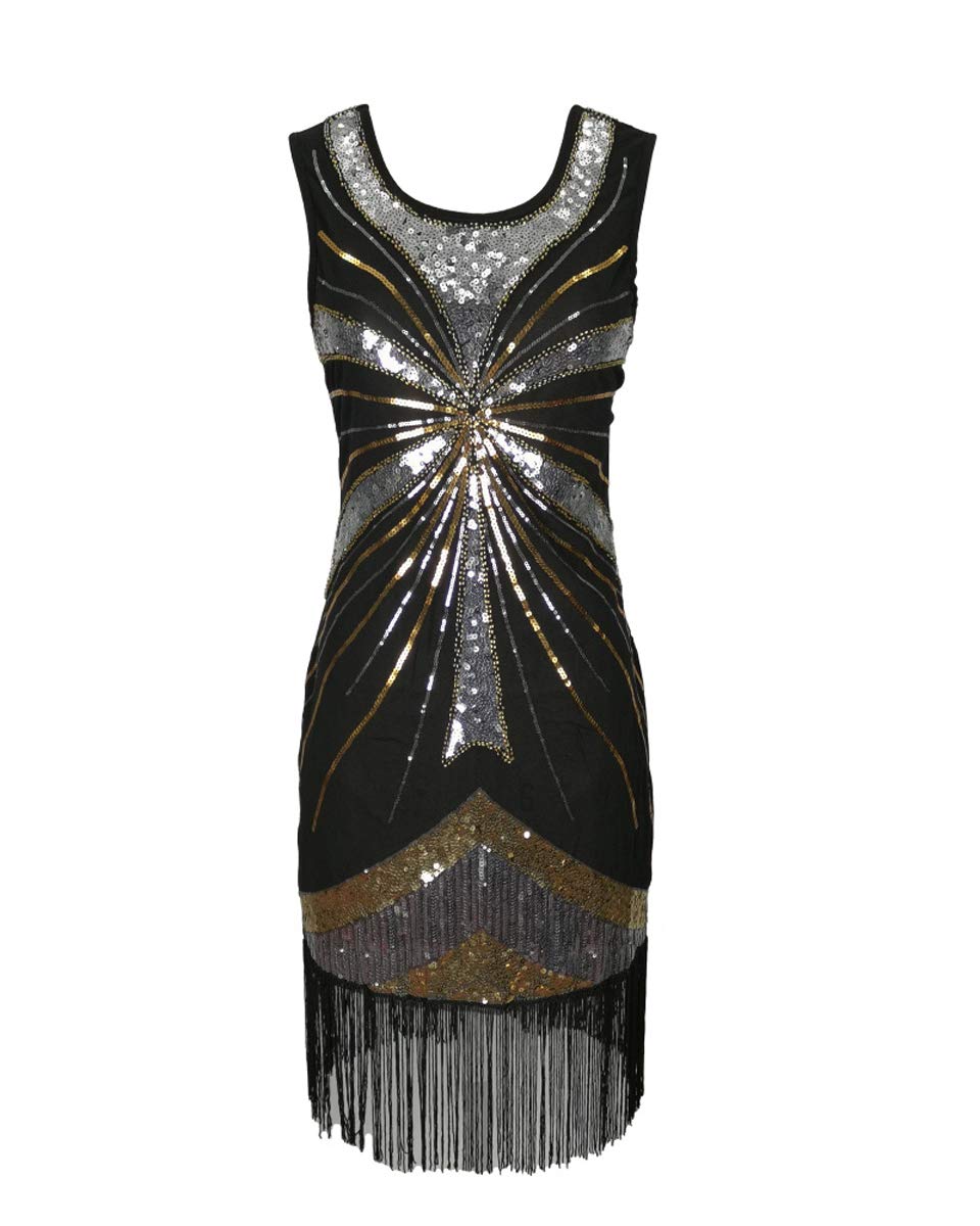 Grouptap 1920s Great gatsby flappers style sequin tassel women charleston dance dress downton ladies 20s costume silver black size 10/12 (Silver, UK 10-12)
