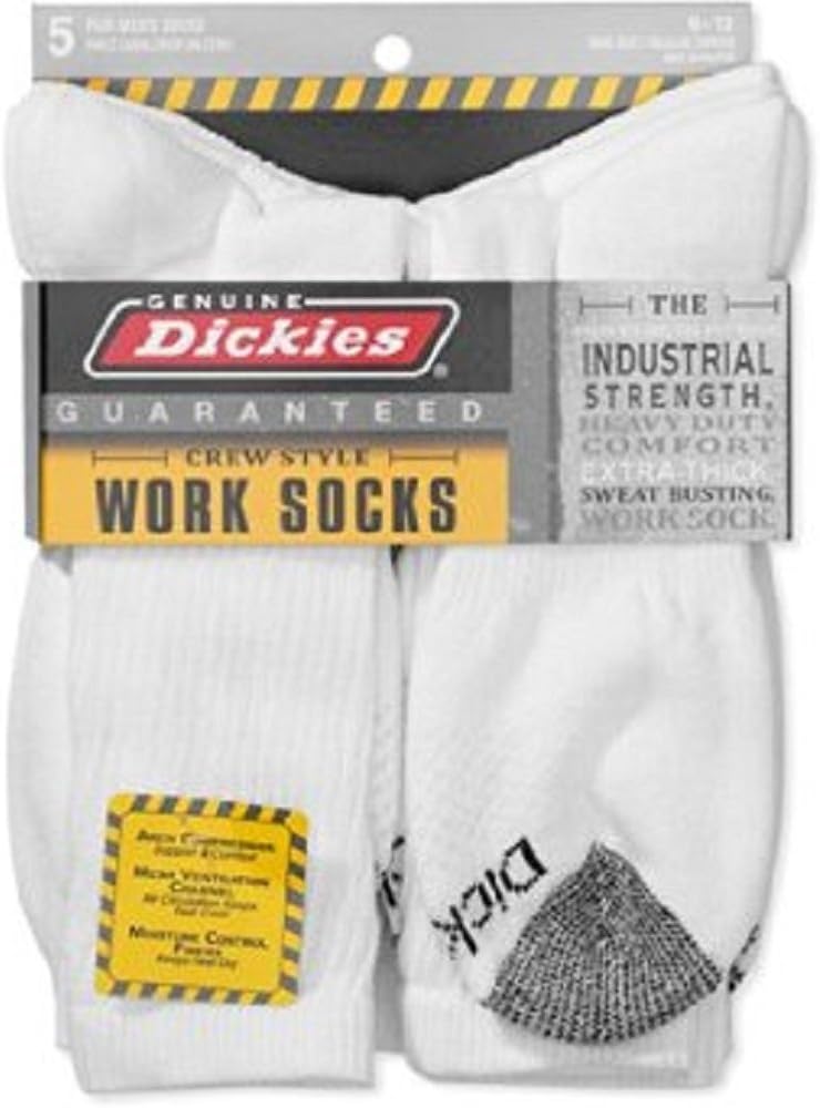 Dickies Genuine Mens 5Pair Crew Work Socks (1013 sock/612 shoe, 5 pair white, Medium) at