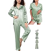 5Pcs Womens Satin Pajamas Set Silk Pajama Pjs XS-2XL Silky Pj Sets Button Down Sleepwear Nightwear Loungewear