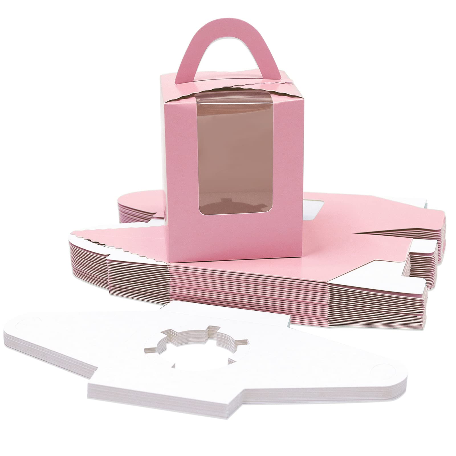 Goalfly 24 Pcs Cupcake Individual Box, Cupcake Boxes with Window and Inserts (Pink)