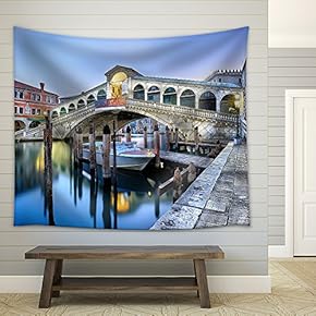 Morning Twilight Grand Canal and Rialto Bridge in Venice, Italy - Fabric Wall Tapestry Home Decor - 51x60 inches