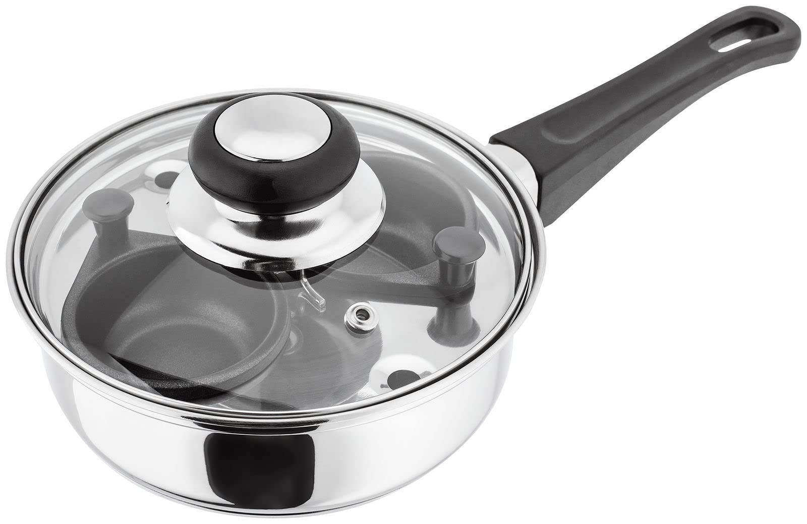 Judge Essentials Two Cup Egg Poacher and Stainless Steel Frying Pan, 16cm, Vented Glass Lid and Stay-Cool Handle