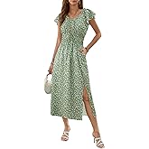 Summer Dresses for Women 2026 Casual Ruffle Split Short Sleeve A-Line Boho Floral Green Maxi Beach Sun Dress with Pockets S