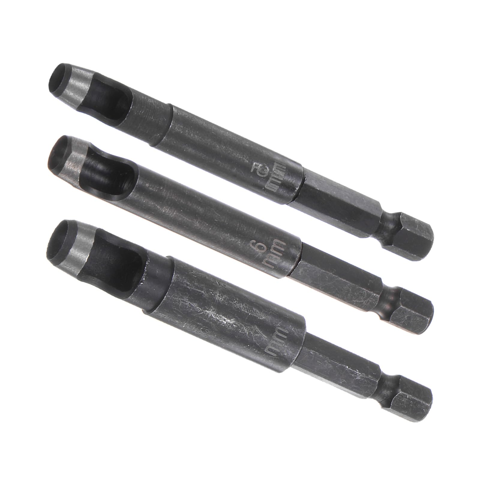 Kozelo 3pcs Leather Hole Punch Tool - [5/6/7mm x 1/4" Shank] Extension Hex Shank Drill Bit High-Carbon Steel Rotary Hollow Puncher for Fabric Leathercraft Belts Use, 155mm Length