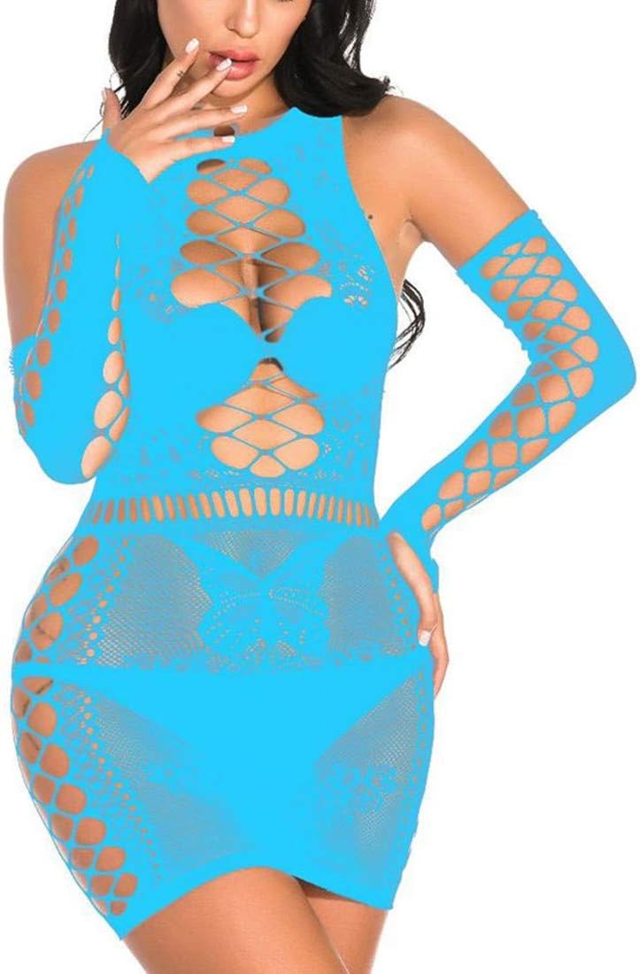 MengPa Women's Fishnet Lingerie Babydoll Mesh Hole Chemise Babydoll Sleepwear Mini Dress One Size