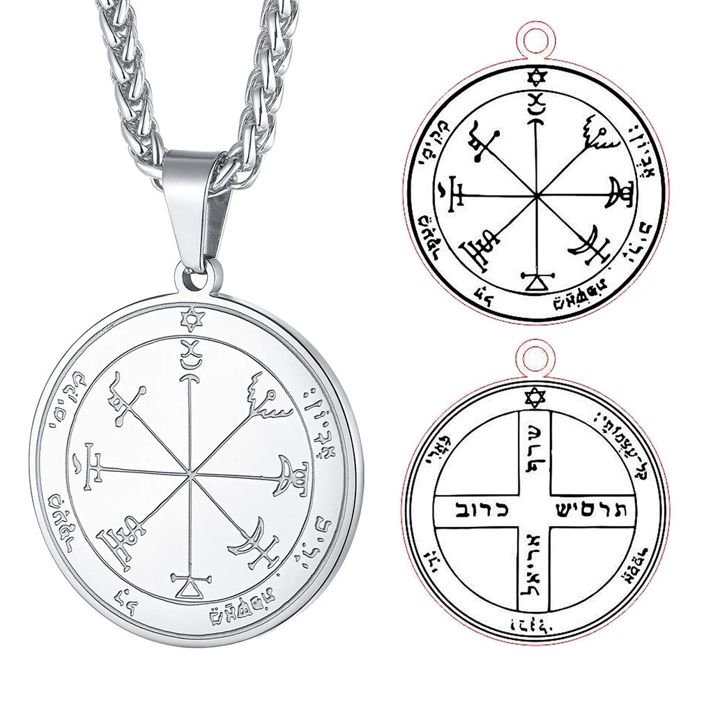 FaithHeart Lucky Jupiter Pendant Silver Necklace for Kids Kings of Solomon Jewellery Protection Necklaces Stainless Steel Medal Magic Pentacle Jewelry Sturdy Chain 22”+2”inches
