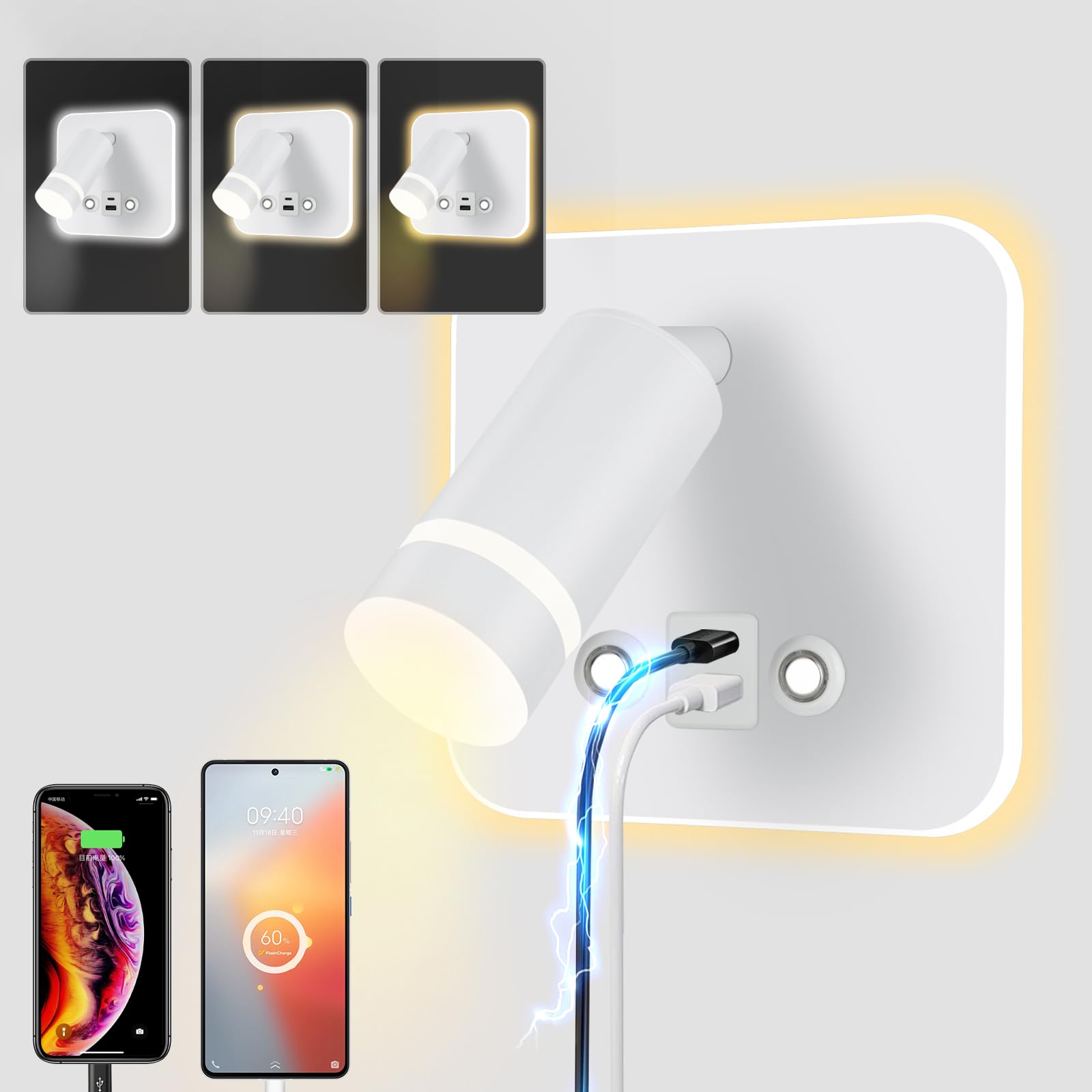 HUIZHOU Reading Lamp Wall Mounted LED Wall Lamp Touch Control 3 Color Temperatures and 12W USB Charging Port 350° Rotating Bed Reading Light Living Room and Bedroom (Square White)