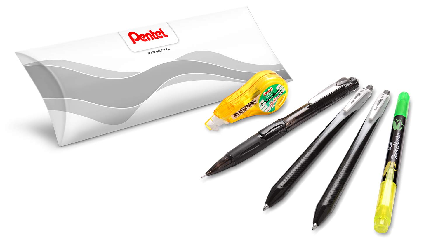 Pentel Set School/Office/Smart Working (2 Rollers Energel Slim BL437 Black, 1 Mechanical Pencil 0.5 mm, 1 White Mini Tape 1 Highlighter)