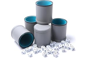 TOPTAN 5 Pack PU Leather Dice Cups Felt Lining Quiet Shaker with 30 Dot Dice for Bar Party Yahtzee Farkle Dice Games, Grey