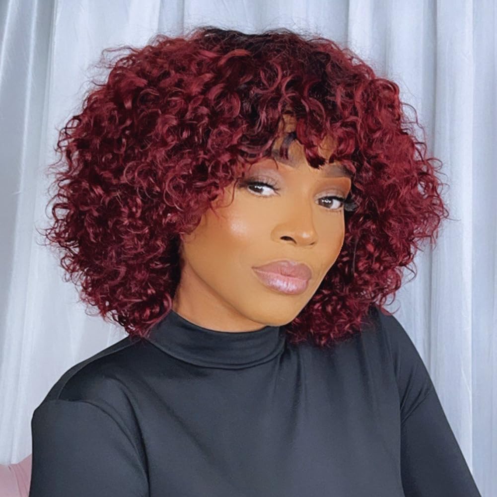 JOEDIR HAIR Short Curly Wig with Bangs Ombre Red 14 inch Water Wave Bob Wig Human Hair for Black Women 150% Density Glueless Wig (Color: TT1B/99J)