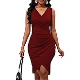 PerZeal Women's Sexy V Neck Sleeveless Bodycon Dress Cocktail Evening Party Wedding Guest Work Faux Wrap Ruched Midi Dresse