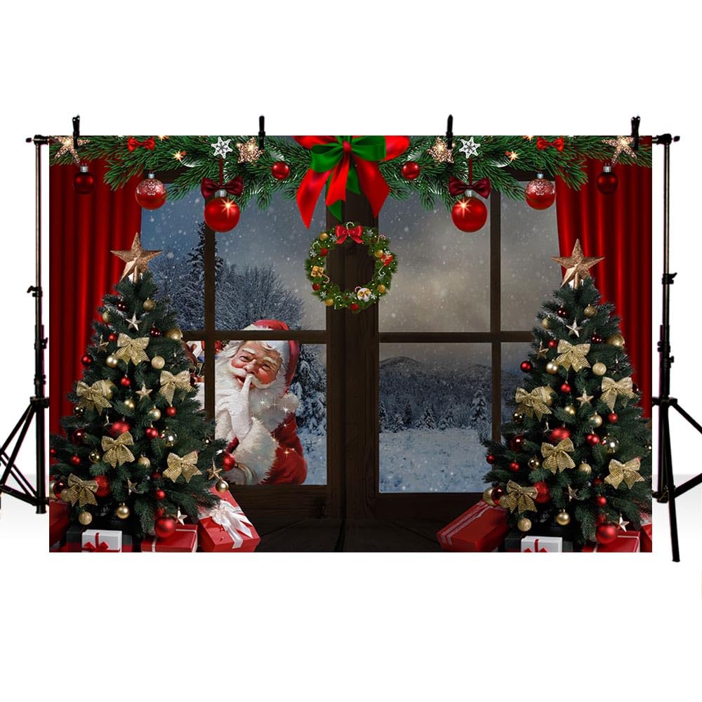 MEHOFOND 10x7ft Christmas Backdrop Xmas Tree Gift Box Santa Claus Garland Window Winter Snow Scene Photography Background Family Festival Decoration Photo Studio Booth Props Supplies