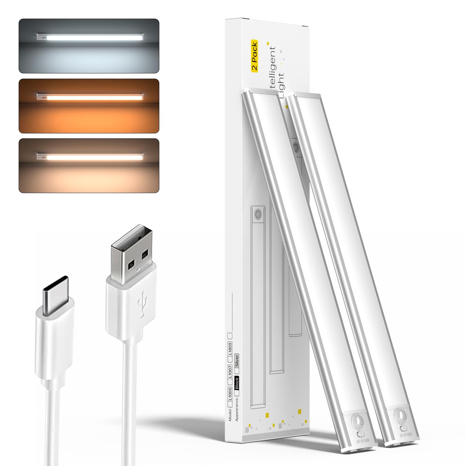 Photo 1 of Under Cabinet Lighting, 148LED Motion Sensor Light Indoor Rechargeable Dimmable 15.7Inch with 3 Color Temps, Magnetic Cabinet Lights Wireless Under The Counter Lights for Kitchen, Stairs-2Pack