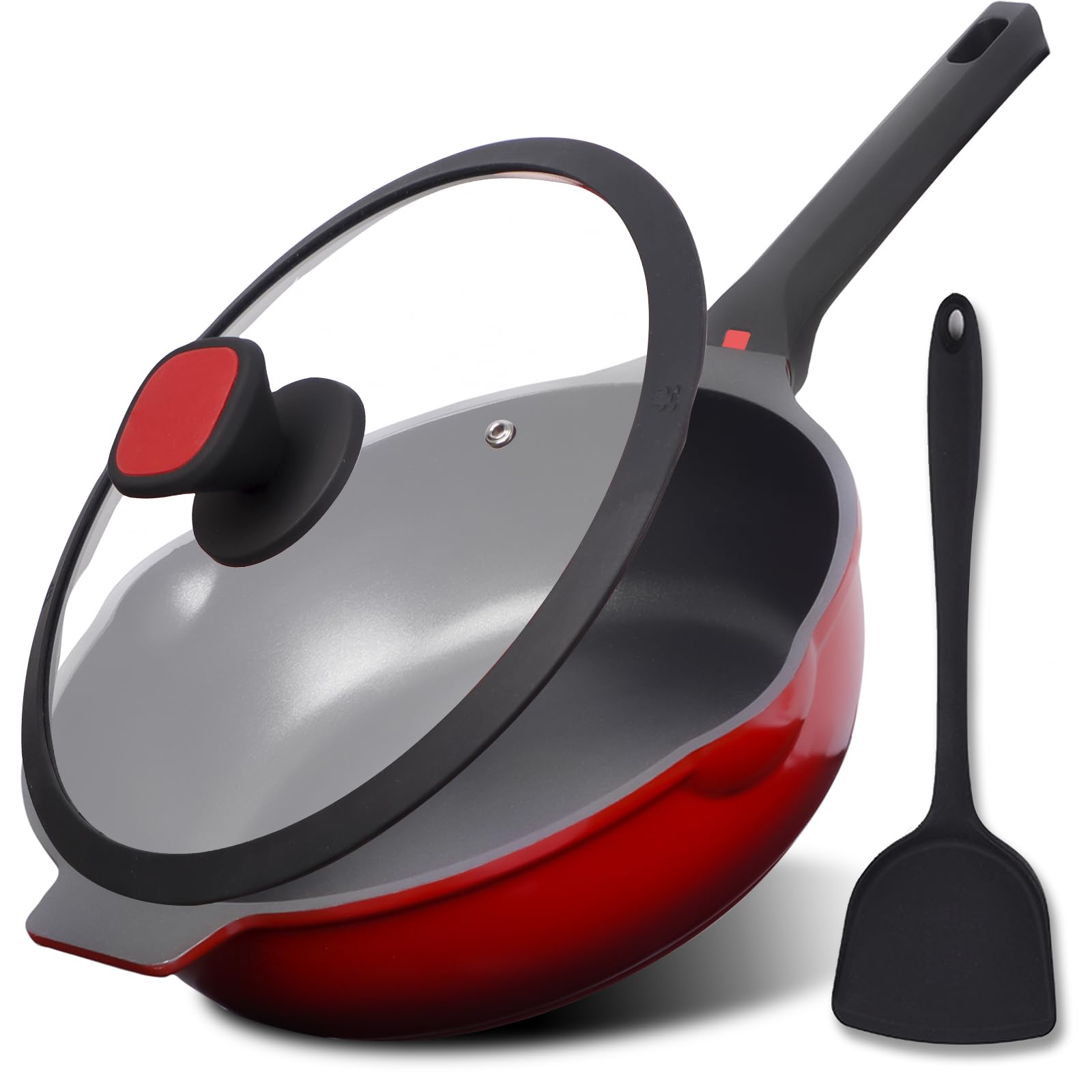 diig Nonstick Deep Frying Pan Skillet with Lid, 12 inch/ 5.5 QT Saute Pan with Silicone Spatula, Sauce Pan Cookware Cooking Chef Pan, Cast Aluminum Induction Compatible, Ruby Red — image 1