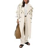 Farktop Womens Oversized Long Trench Coat Double Breasted Lapel Windproof | Classic Overcoat with Belt,Outerwear Coat,Long Sleeve Elegant Coat with Pocket