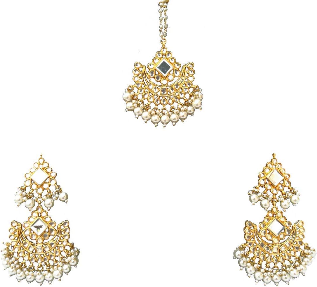 Retailbees Indian Wedding Wear Kundan Pearl Maang Tikka with Earring Set Bollywood Party Traditional Jewelry for Women Girls