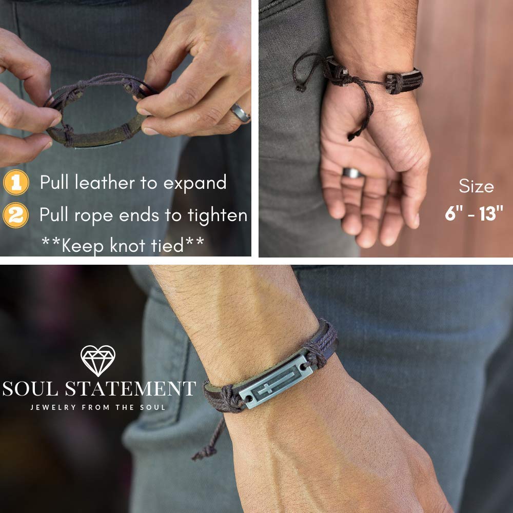 Soul Statement Leather Cross Bracelet for Teens or Men, Cool Christian Gift Ideas for Teenagers for Confirmation, Baptism, Christmas Stocking Stuffers