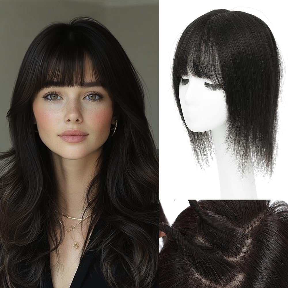 Photo 1 of ** ONLY WISPY CLIP IN BANGS *** HVVZOY Hair Toppers for Women Real Human Hair,360°3D Big Basement Cover Topper for Women with Thinning Crown with Wispy Clip in Bangs Realistic Scalp (1B, 3D Wispy Bangs 14INCH)