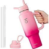 Trebo 40 oz Water Bottle Insulated with Handle, Leakproof Keep 24hrs Cold &Hot,Stainless Steel Travel Tumbler that Fits in Car Cup Holder with Straw Lids,Pink Reusable Water Bottles for women