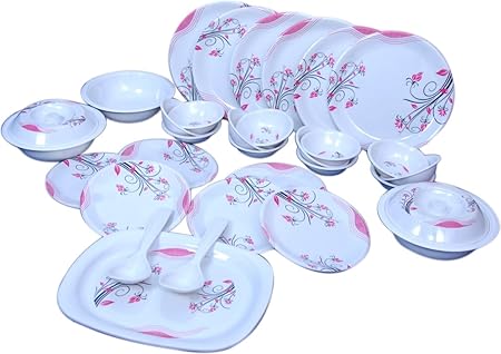 Raro Melamine Orbit Dinner set pack(Set of 32),White:Pink
