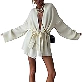 LKOUS Women's Long Sleeve Lightweight Soft Sweater V Neck Lace Up Waist Open Front Solid Knit Cardiagns with Belt