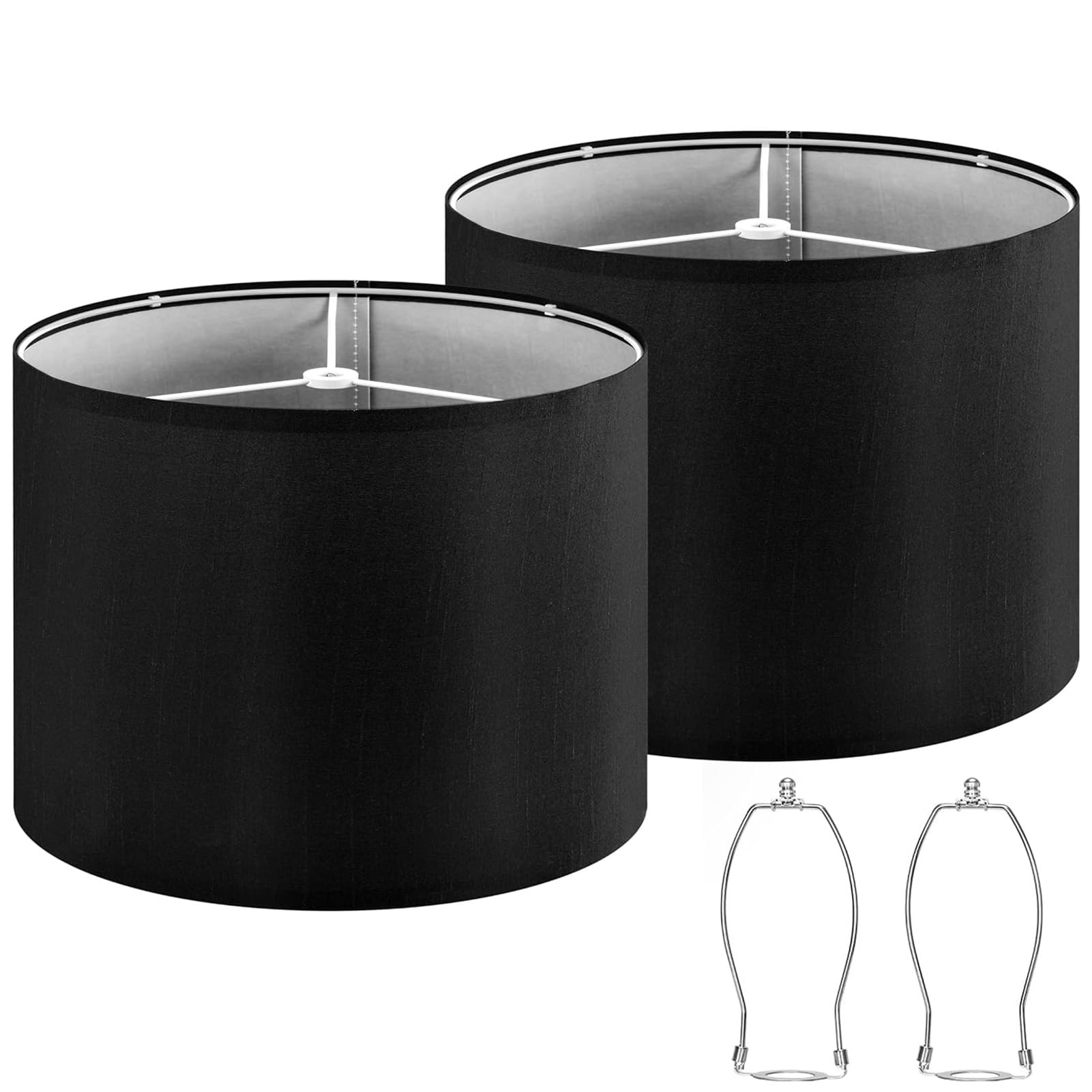 Photo 1 of Drum Lampshades Set of 2 - Black Lamp Shade 13" Top x 13" Bottom x 10" High Spider Fitter, Replacement Medium Fabric Lampshades for Table Lamps, Floor Lamps, Assembly Required