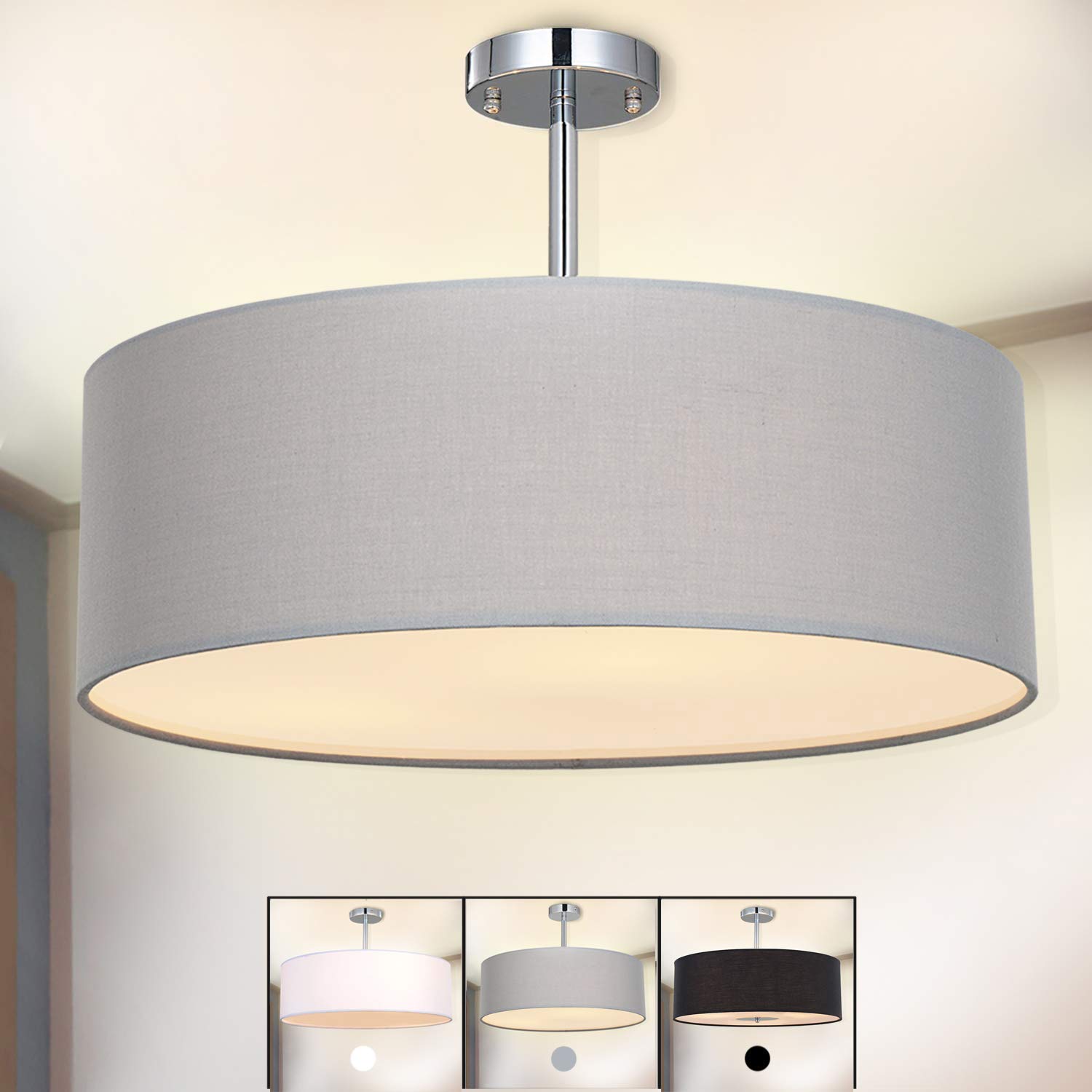 SPARKSOR Ceiling Light, Modern Fabric Pendant Light Shade, Large Grey Drum Lampshade, Round Pendant Lamp, for Bedroom Living Room, Flush Chrome Matt, 3 Bulb, E27