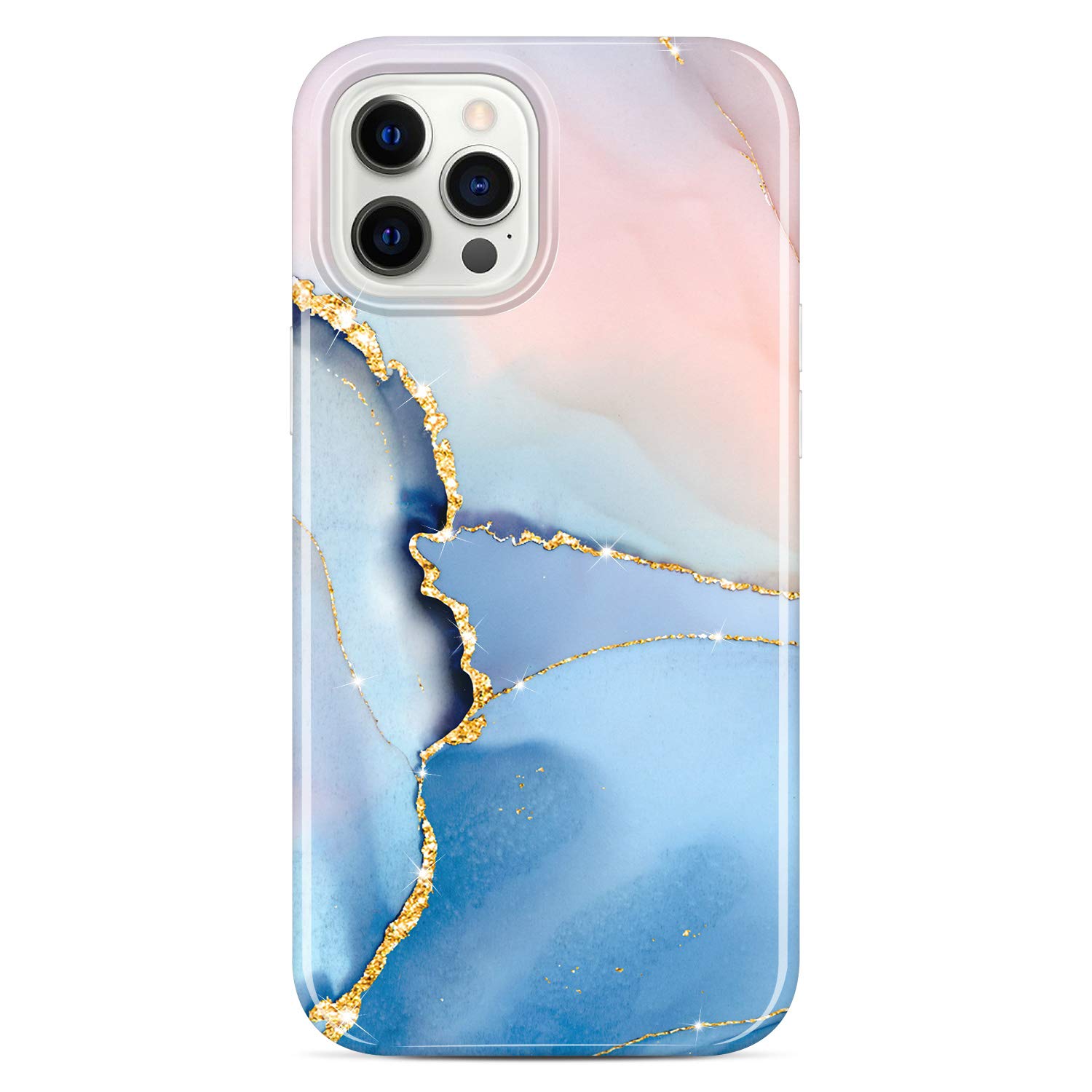 JAHOLAN Case Compatible with iPhone 12 and iPhone 12 Pro Gold Glitter Sparkle Marble Design Clear Bumper TPU Soft Rubber Silicone Cover Phone Case 6.1 inch 2020 Blue — image 1
