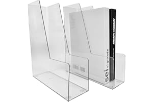 RHONZHAO Vertical File Holder, 2 pack Plastic Magazine Organizer, Multi-purpose Document Organizer for Home Office (Clear)