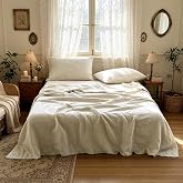 Simple&amp;Opulence 100% French Linen Sheet Set Queen Size-Pure Natural Flax Bed Sheet-4 Pcs Breathable Ultra Soft Farmhouse Bedding (1 Flat Sheet,1 Fitted Sheet,2 Pillowcases)-Embroidery Linen