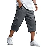 JMIERR Men's 3/4 Length Cargo Shorts Elastic Waist Capri Pants with Zipper Pockets