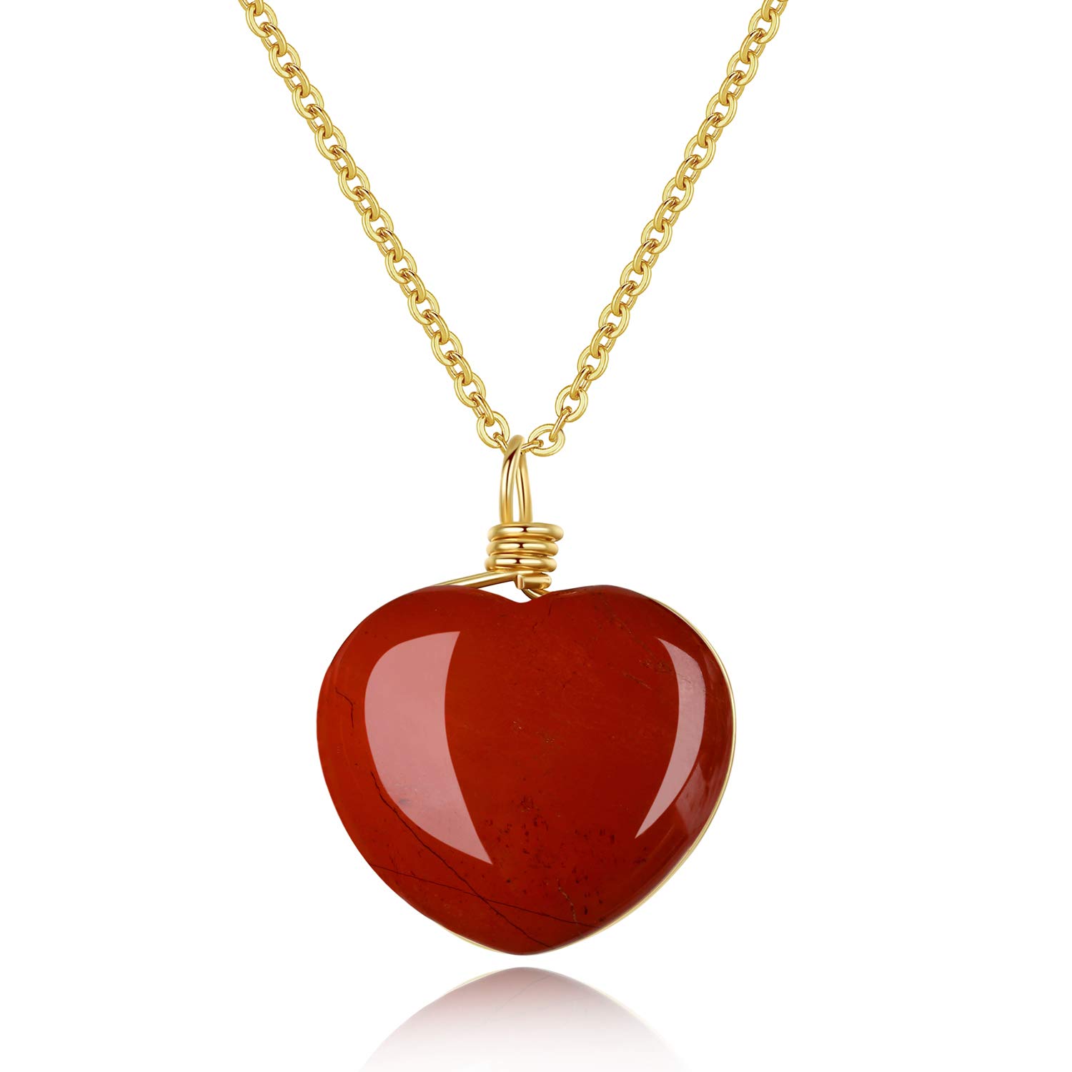 COAI Womens Girls Red Jasper Love Heart Stone Pendant Necklace