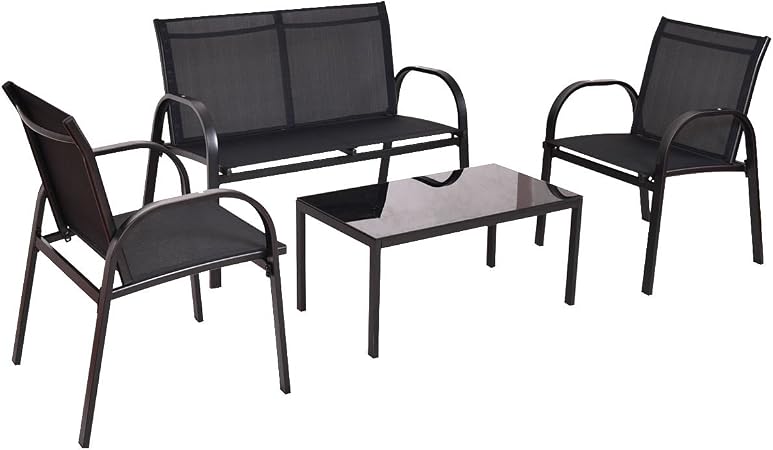 Amazon Com Rungfa 4 Pcs Patio Furniture Set Sofa Coffee Table Steel Frame Garden Deck Black New Garden Outdoor