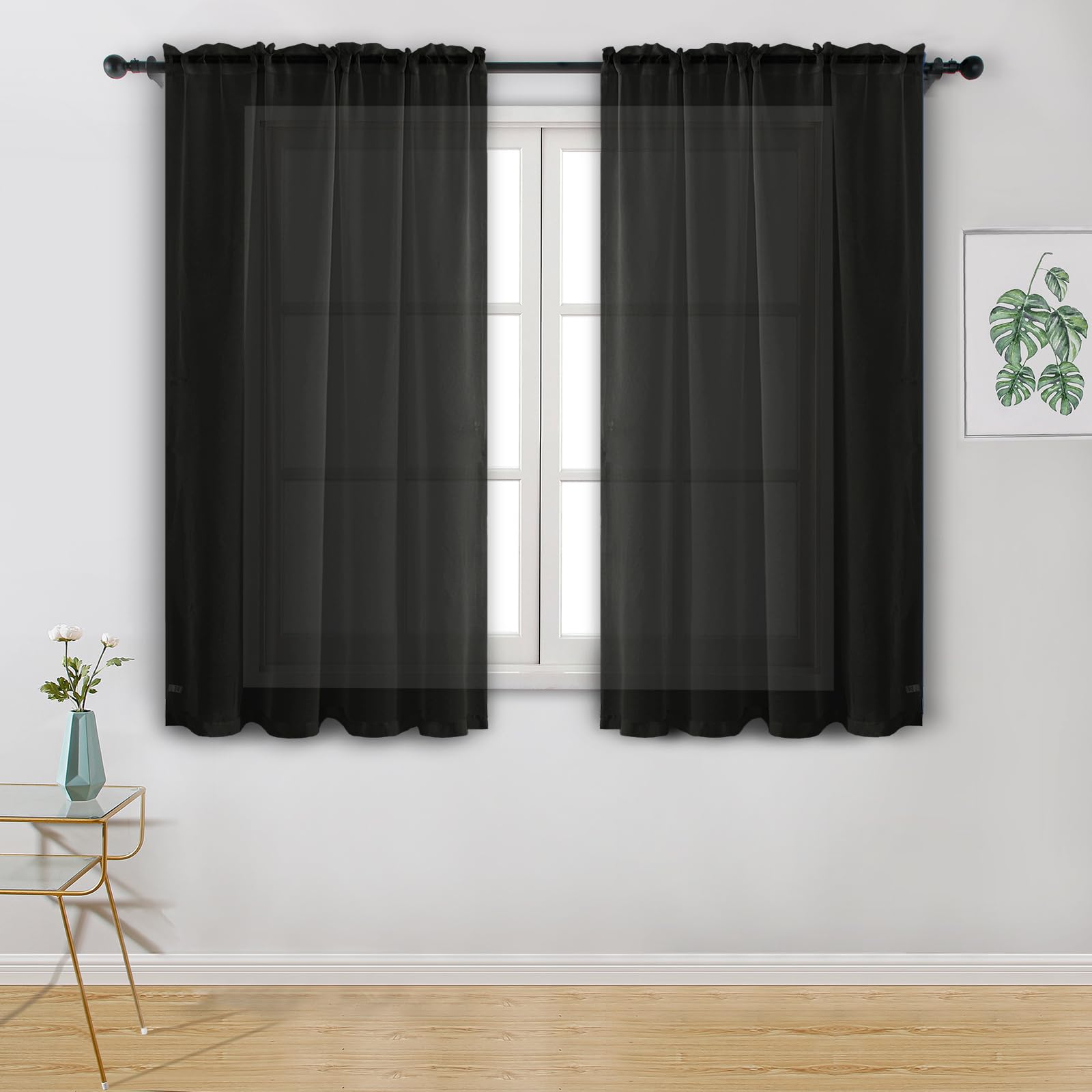 Hiasan Voile Curtain Black Curtains for Bedroom Net Curtains for Window Sheer Curtains for Living Room With Tiebacks 55 X 57 Inch drop 2 Panels Rod Pocket Top