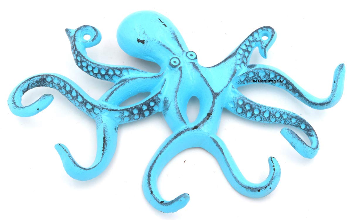 Octopus Keys Hook, Decorative Wall Mounted Nautical Wall Rack, Antique Key Holder Hook, Cast Aluminum Hanger for Coat, Hand Towel, Bathrobe, Jacket, Bedroom, Kitchen & Balcony (Distressed Blue)