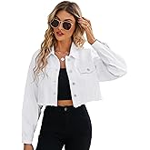 LONGYIDA Women's Cropped Denim Jacket | Distressed Button-Down Jean Jacket | Long Sleeve Ripped & Frayed Blue Coat