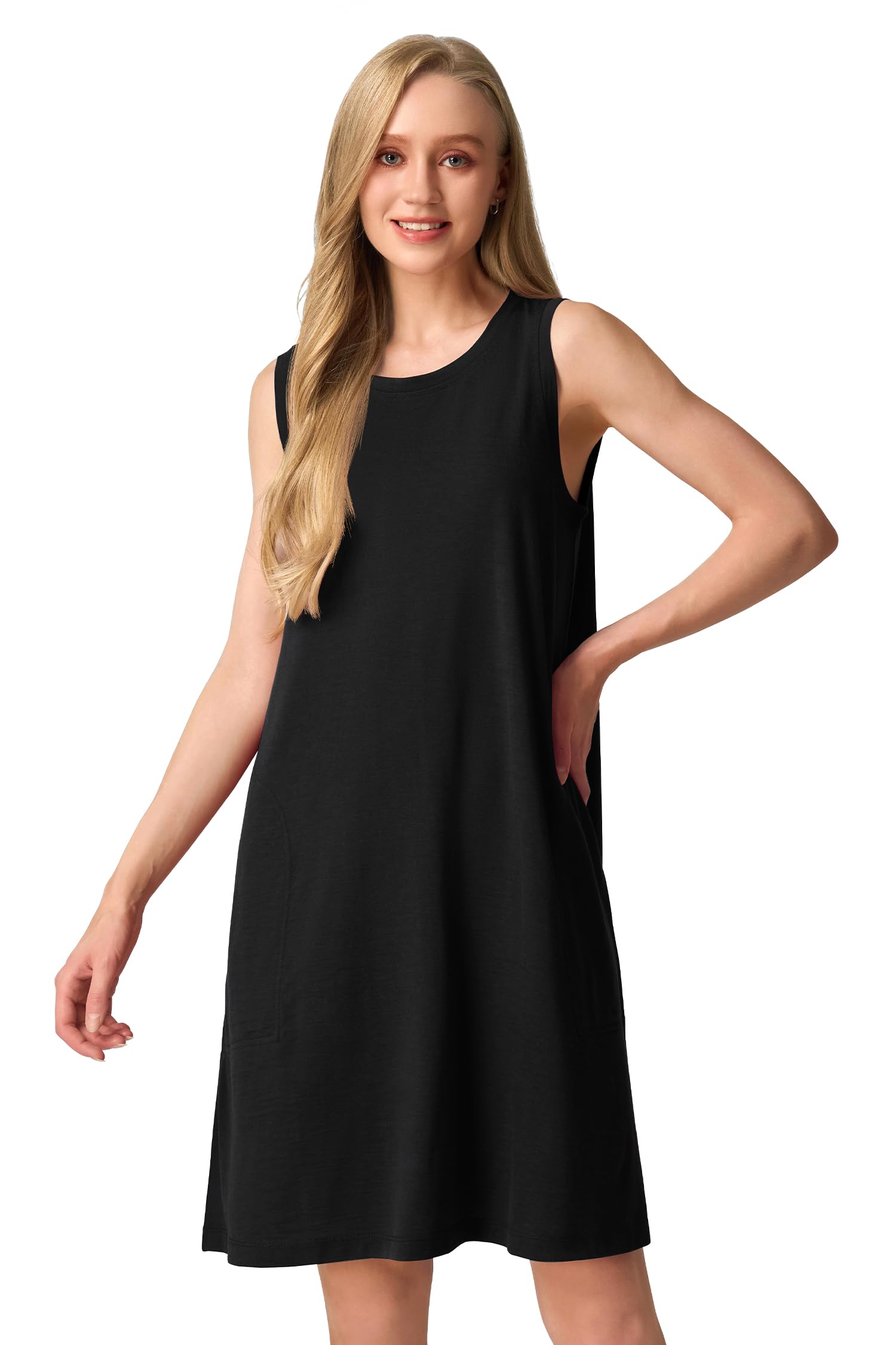 Photo 1 of SIORO 100% Merino Wool Women's Sleeveless Dress Casual Solid Tank Dress for Women Knee-Length Summer Dresses with Pockets Black