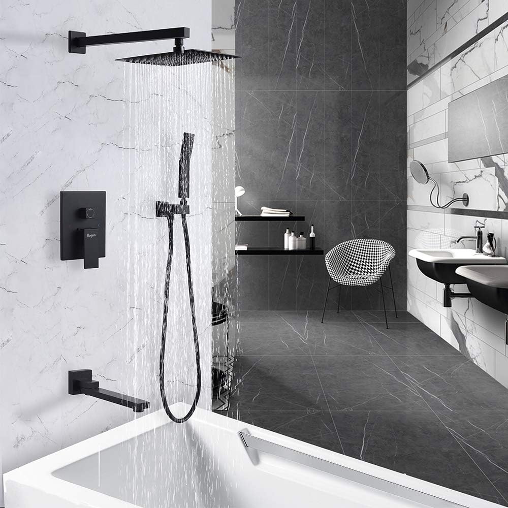 Rugus Shower System，Luxury Rain Mixer Shower Tub Spout Combo Set Wall Mounted Rainfall Shower Head System，10 Inch Square Rain Shower Head, Black Shower faucet rough-in valve body and trim - - 