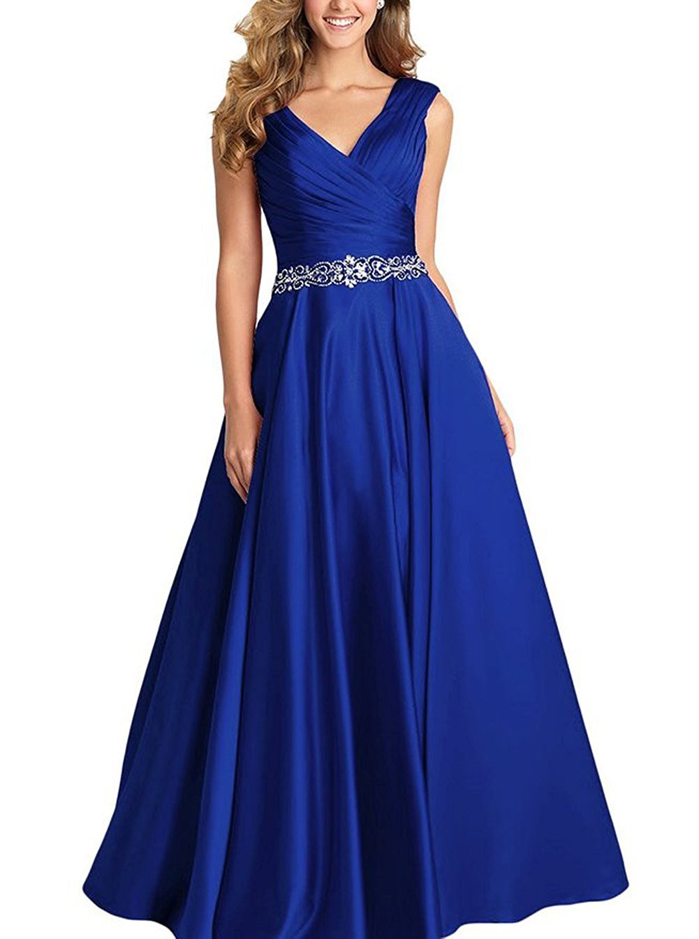 Beading-A-line-Formal-Evening-Dress-Maxi-Bridesmaid-Gown-Sleeveless-Royal-Blue-Size-14