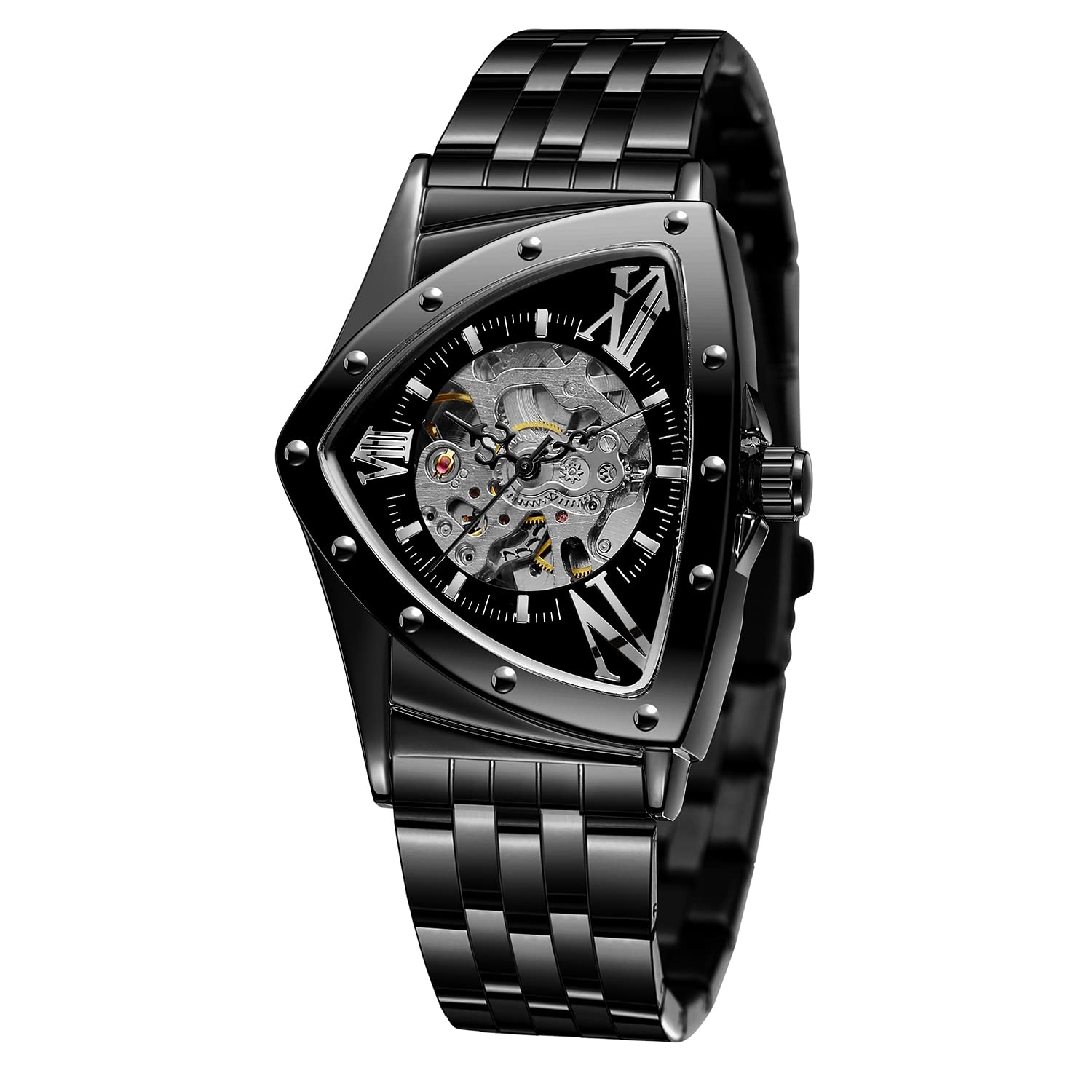 FORSINING Men's Watch 30M Waterproof Skeleton Hollow Automatic Retro Triangle Watch, Black, Retro