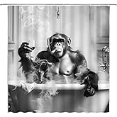 Funny Monkey Shower Curtain Black and White Fun Animal in Bathtub Taking Bath Cute Wildlife Modern Cool Boys Men Fabric Bathr