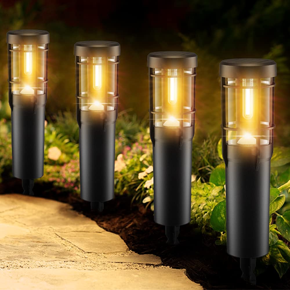Ainostone Solar Lights 4 Pack Solar Lights with Warm White Tungsten Light Garden Lights 900 mAh Solar Garden Lighting IP65 Waterproof Auto On/Off for Outdoor Balcony