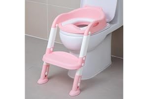 EGREE Potty Training Toilet Chair Seat with Step Stool Ladder for Kids and Toddler Boys Girls - Foldable Height Adjustable Children Toilet Training Seat with Safe Handles & Anti-Slip Pads, White-Pink