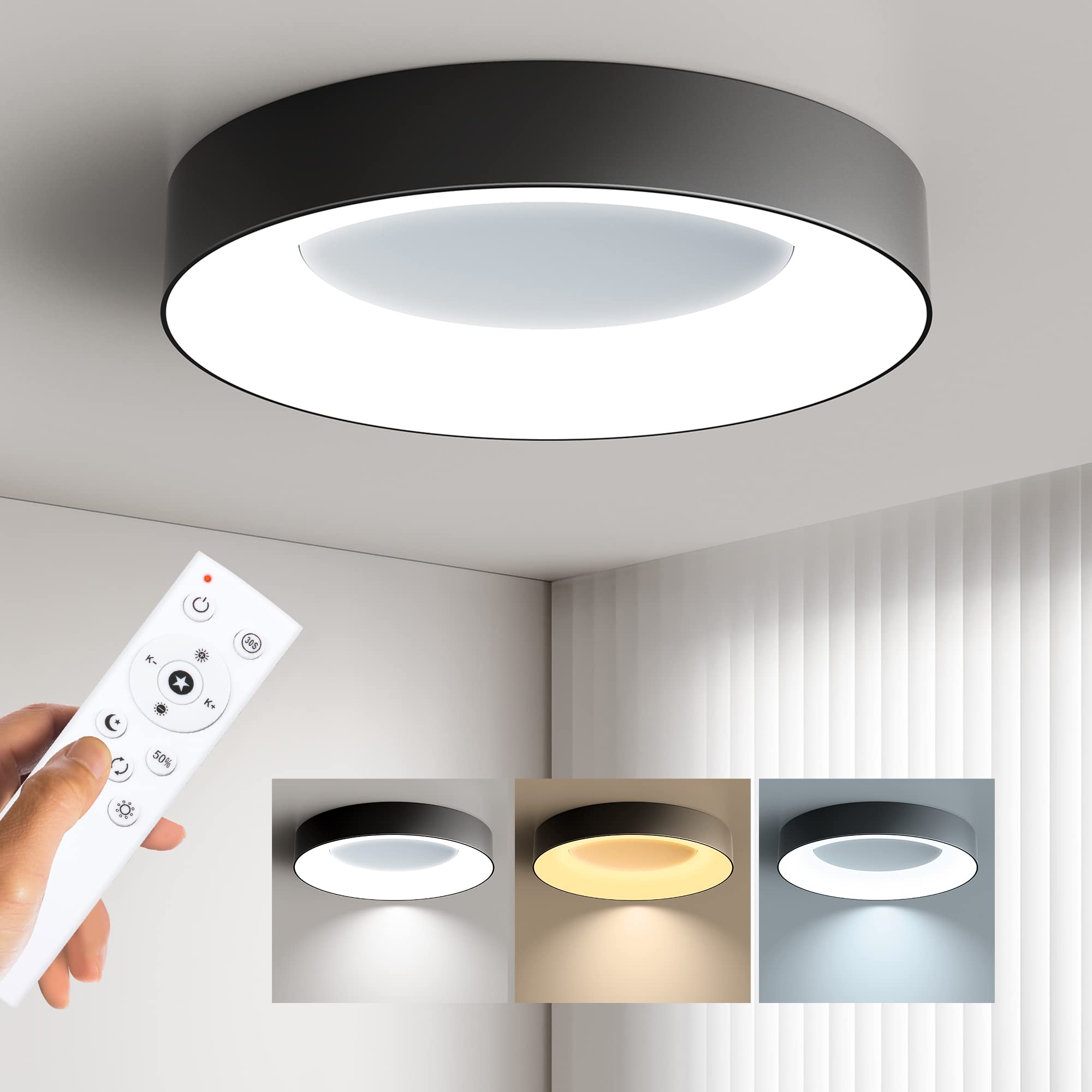 Photo 1 of Annaror LED Flush Mount Ceiling Light with Remote Control, 24W 3000K-6500K Dimmable Ceiling Light Fixture, Modern Led Ceiling Lights for Bedroom Kitchen Laundry Room, 11 Inch Black