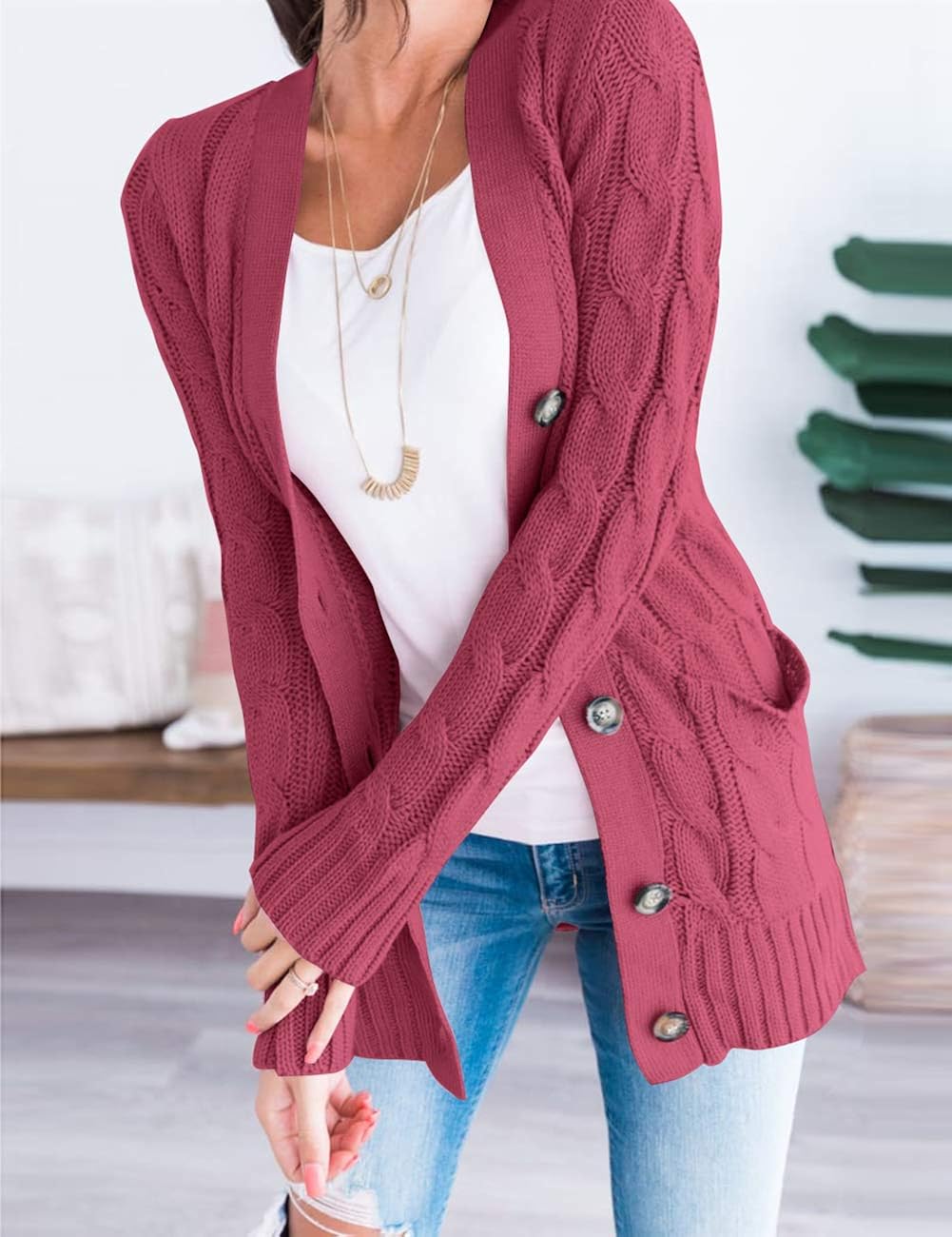 MEROKEETY Women's Long Sleeve Cable Knit Sweater Open Front Cardigan Button Loose Outerwear at  Women’s Clothing store