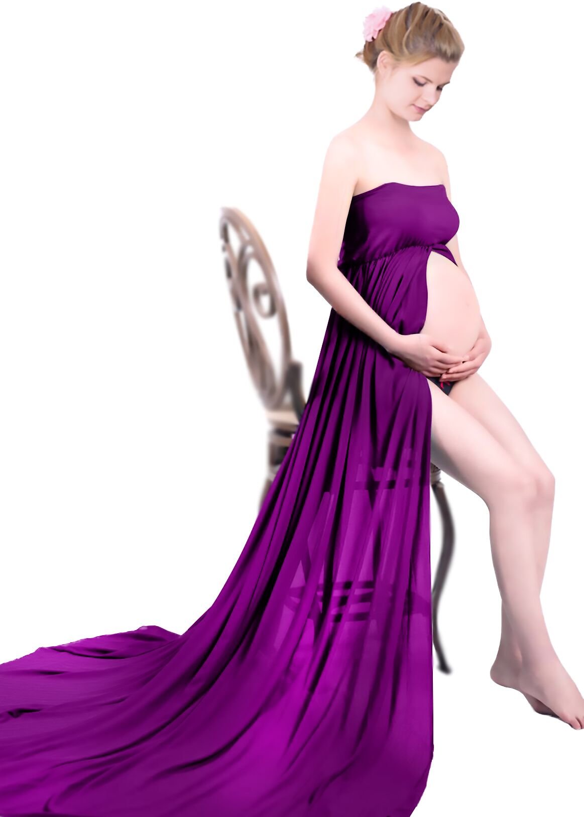 Gititlys Boob Tube Top Split Front Maxi Chiffon Maternity Dress for Photoshoot Purple