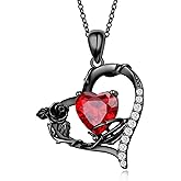 SHAOAN Skeleton Hand Black Rose Necklace 925 Sterling Silver Ruby Heart Pendant Necklace Gothic Jewelry Halloween Easter Gifts for Women