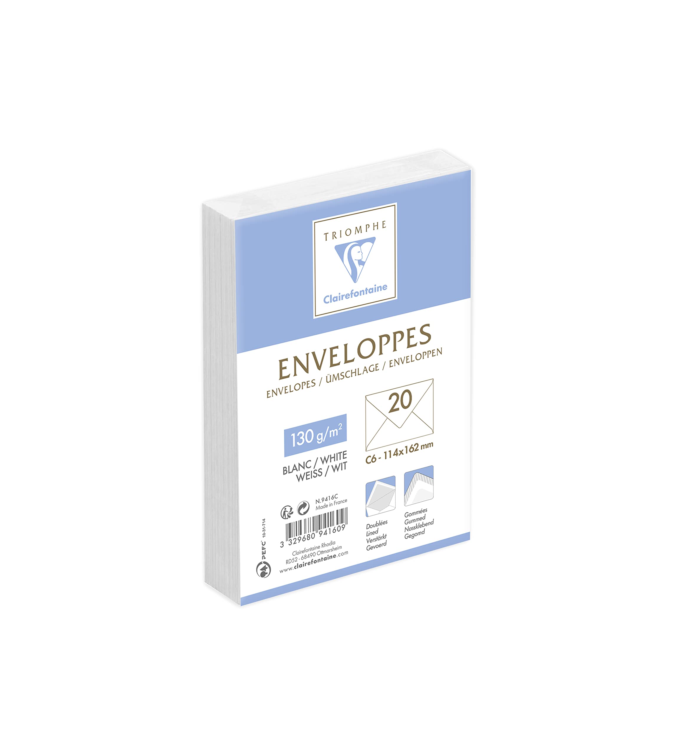 Clairefontaine 9416C - Pack of 20 White Lined Envelopes Triomphe C6 -114x162mm - Gummed - 130g/m² - White Colour - Correspondence - Manufactured in France